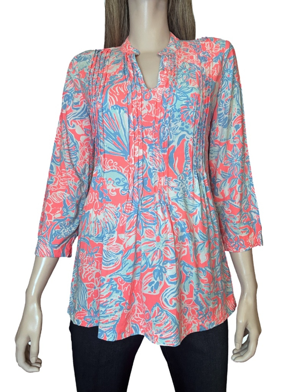 Lilly Pulitzer Ray Sun Summer Siren Print Tunic Top Blouse Pleated Detail Floral
